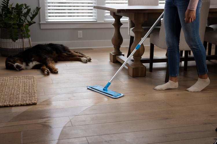 A woman cleaning the floor with a mop and a dog.