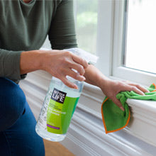 A woman cleaning window sills with a bottle of cleaning solution.