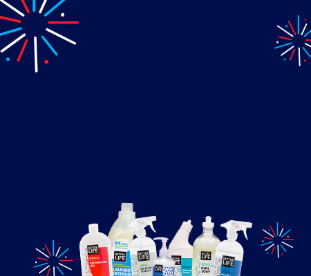 4th of july cleaning products on a blue background.