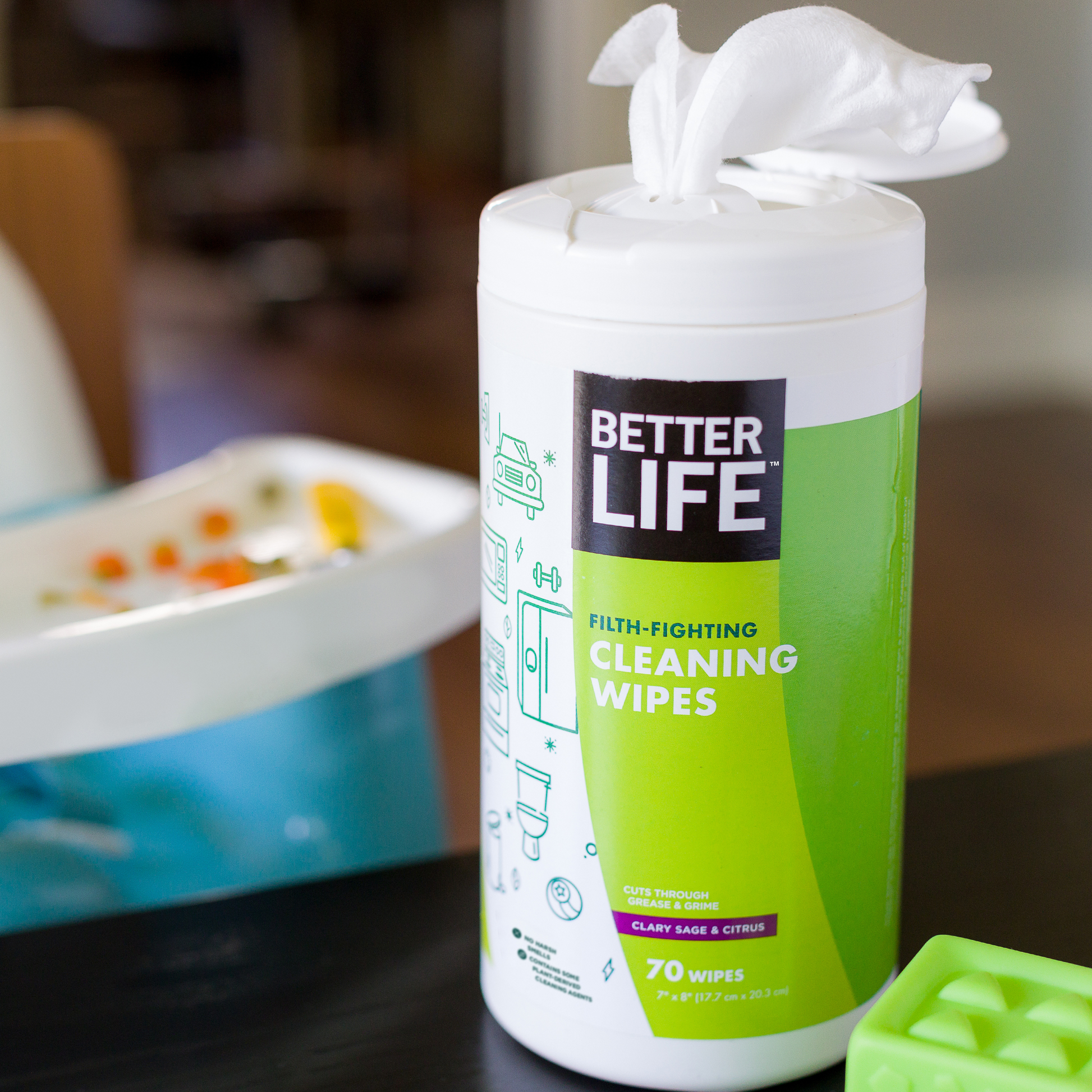 Better Life cleaning wipes on a counter.